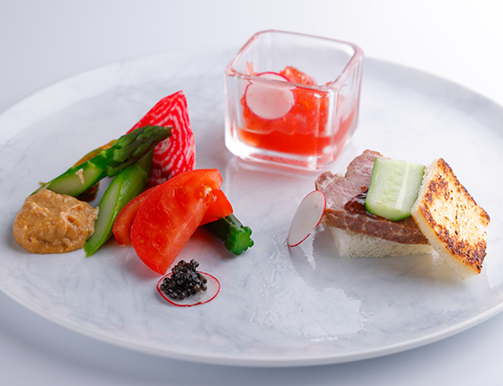 Three appetizers cherishing spring in Chichibu, served with caviar