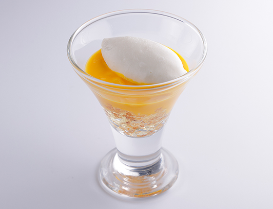 Osmanthus jelly and coconut ice cream with mango sauce