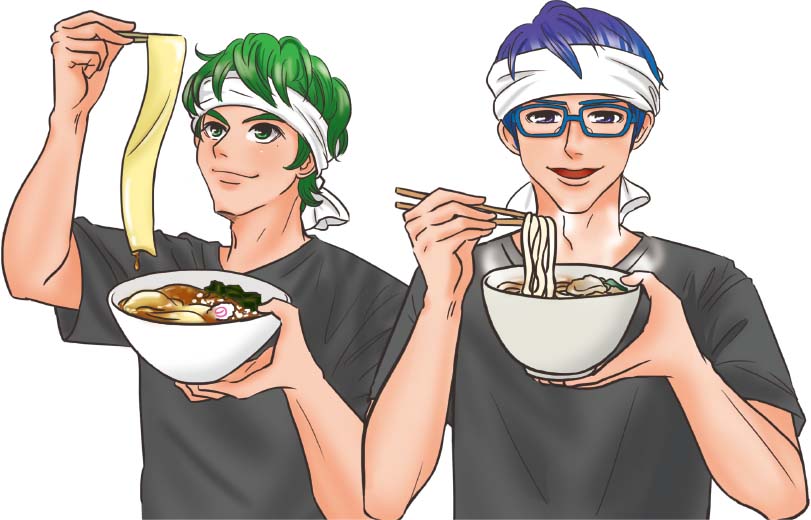 ラーメンを食べるミチルとうどんを食べるカイ